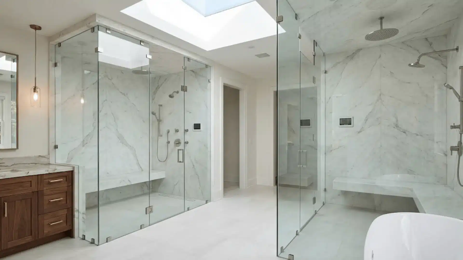 custom floor-to-ceiling frameless glass shower enclosure in luxury bathroom