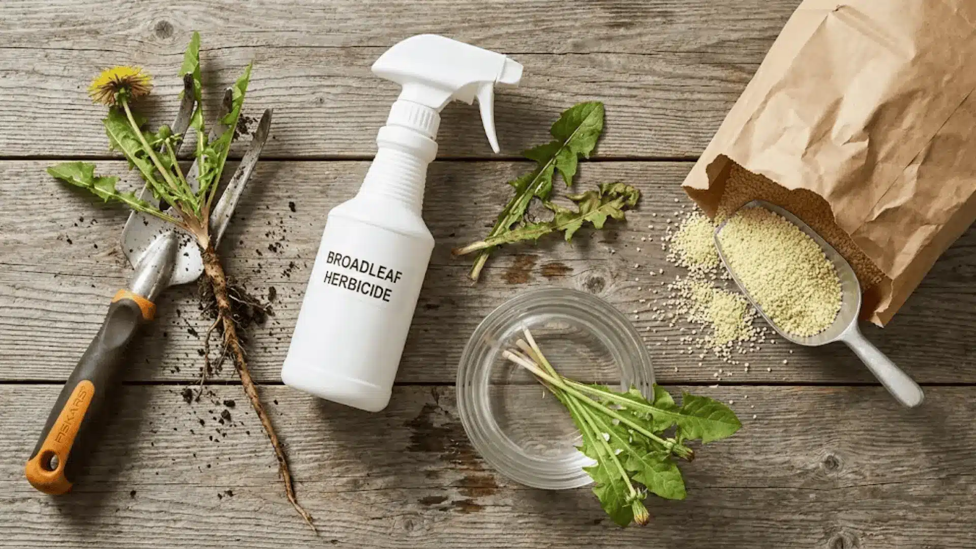 dandelion removal tools and treatments including weeder, herbicide spray, vinegar, and pre-emergent granules on wood