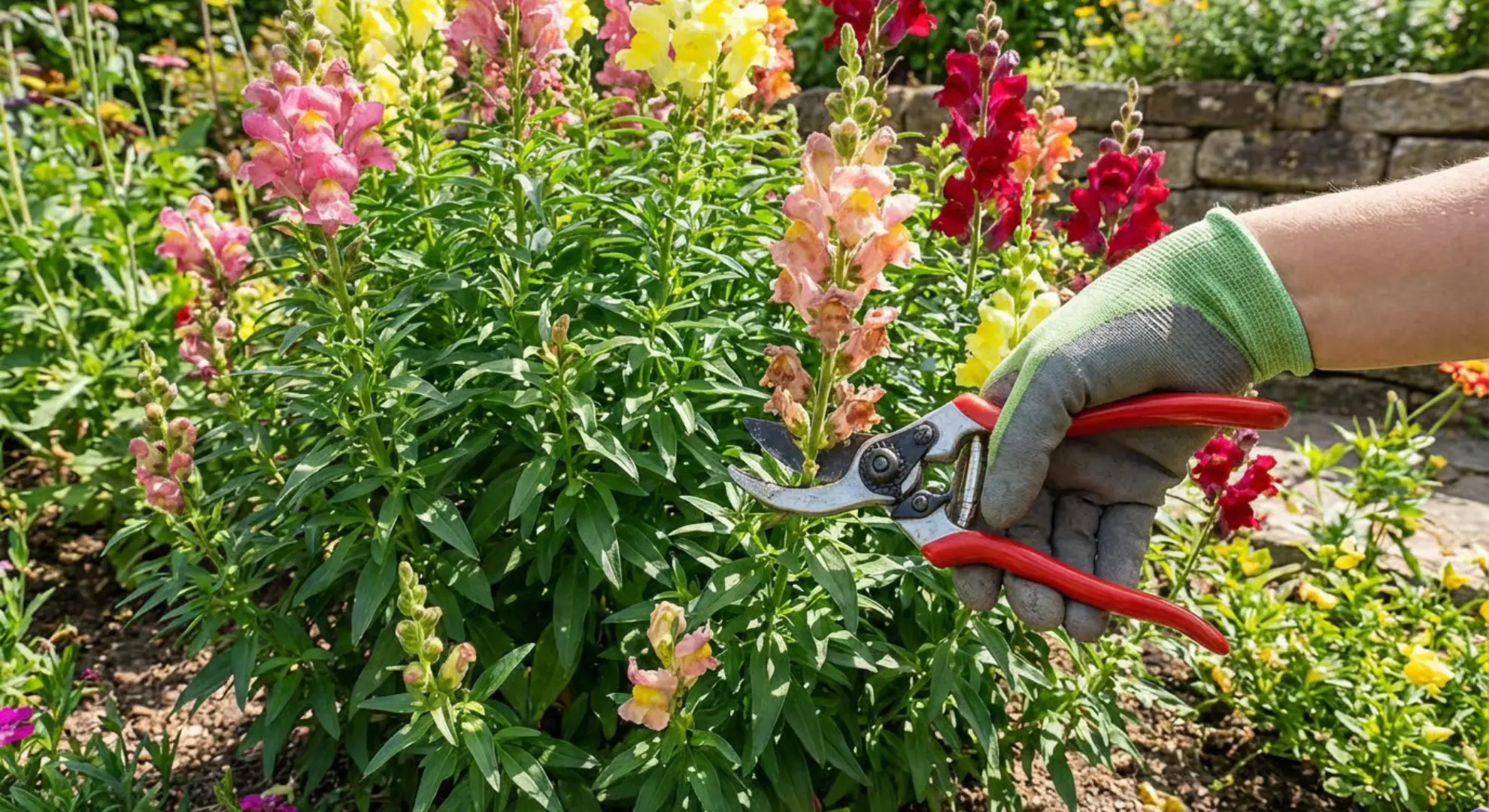 deadheading spent snapdragon flowers with pruning shears for continued blooming