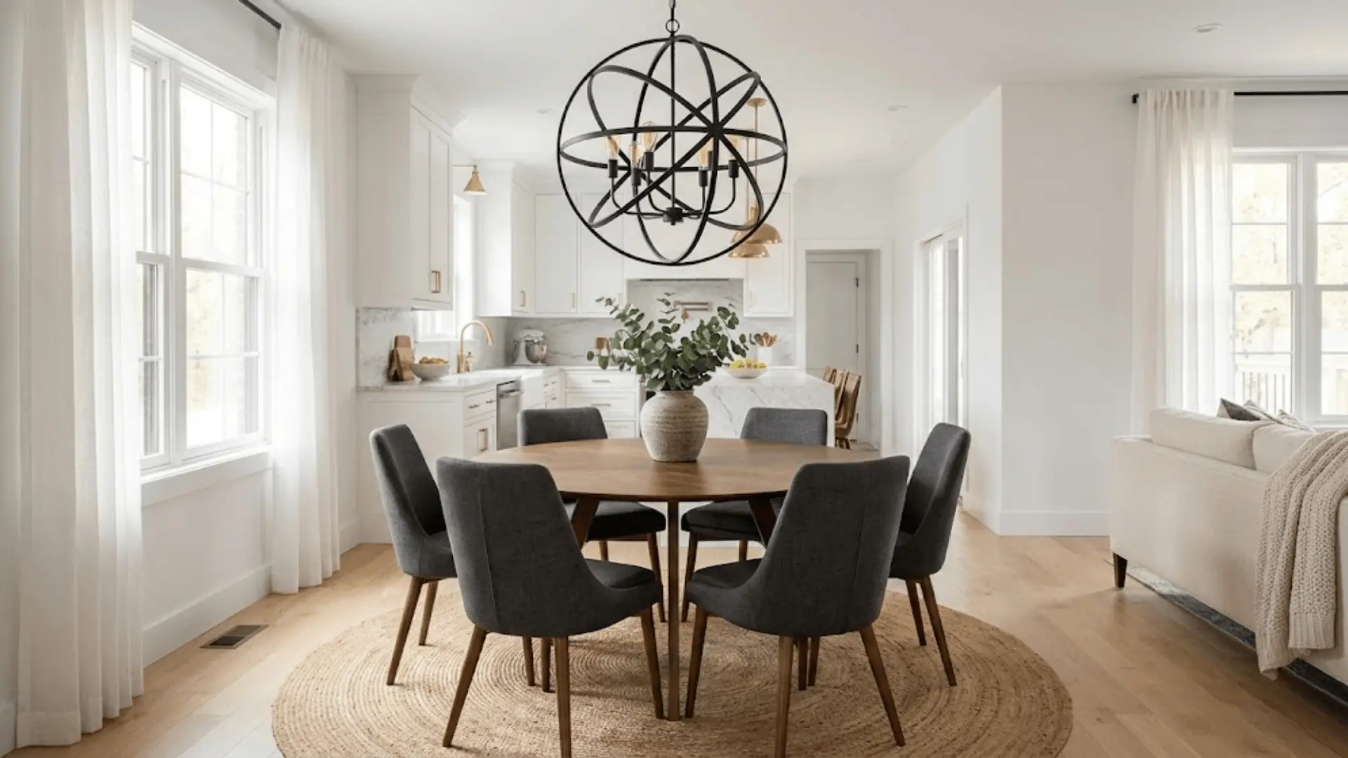 dining area with black geometric chandelier over round table in open floor plan