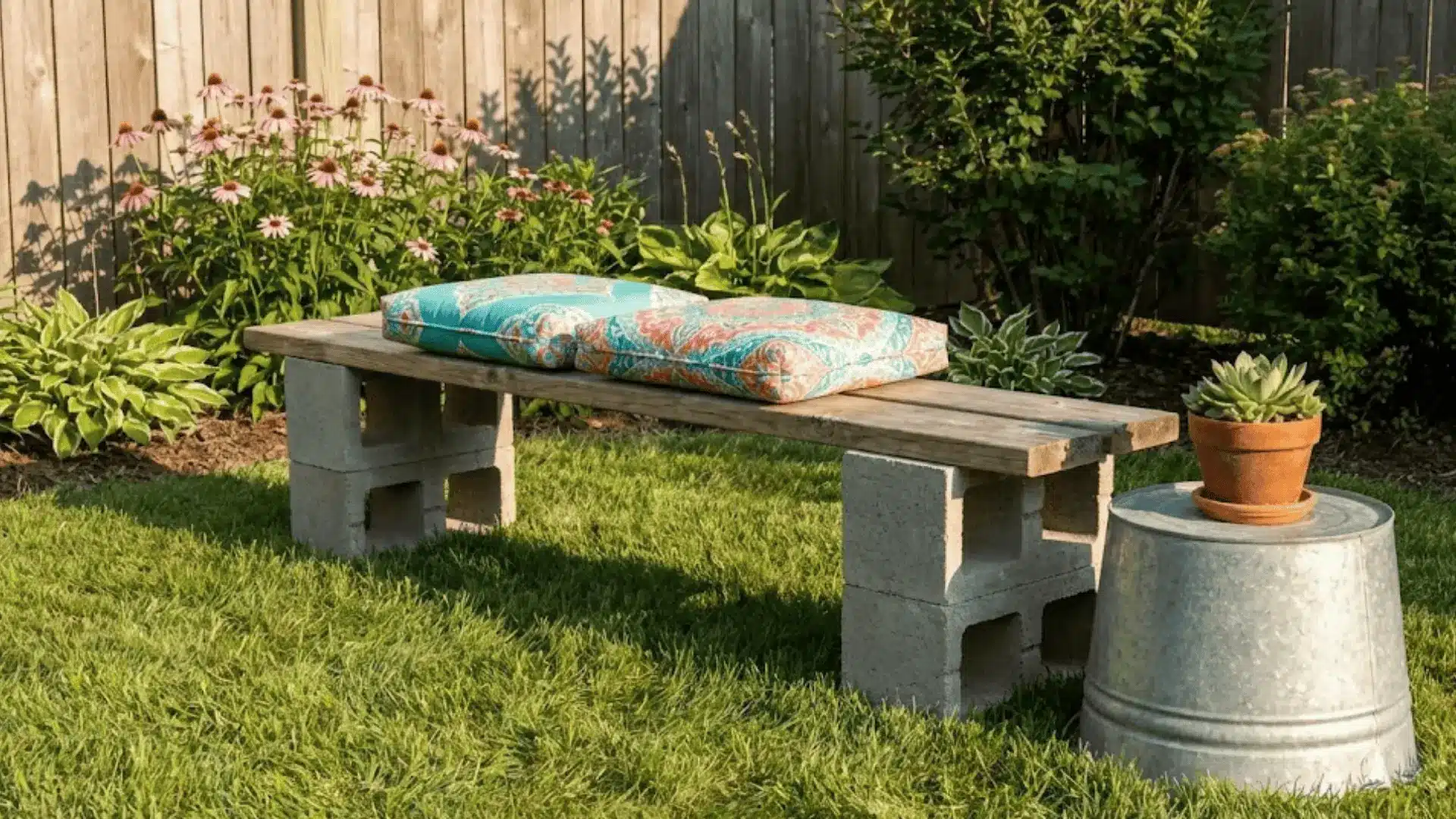 diy bench made from cinder blocks and wood planks with colorful cushions
