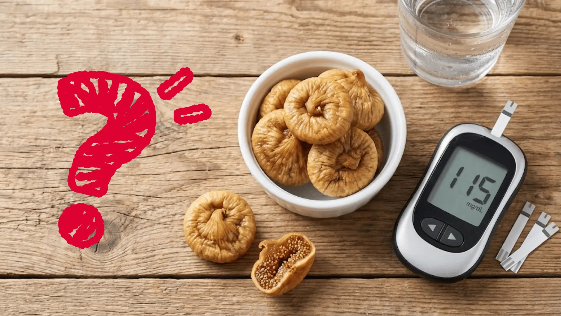 dried figs in white bowl with glucose meter on wooden table showing blood sugar monitoring