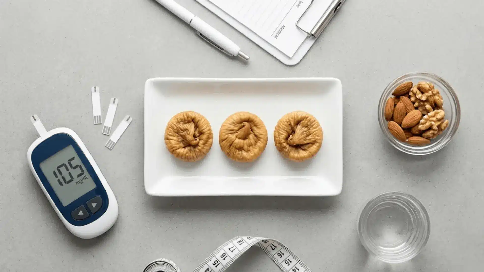 dried figs on white plate with glucose meter and nuts showing diabetes management portion control