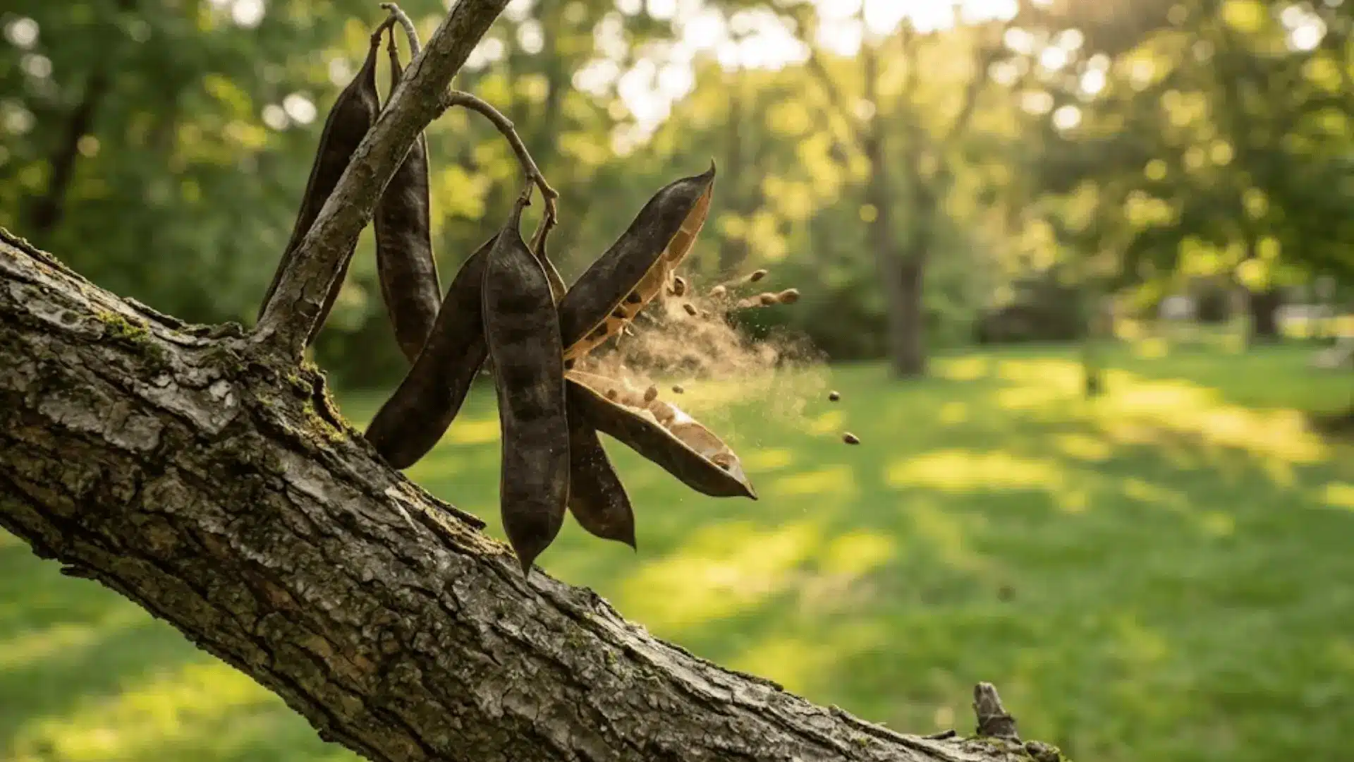 dry seed pods splitting open on a tree branch in a sunlit backyard during late summer