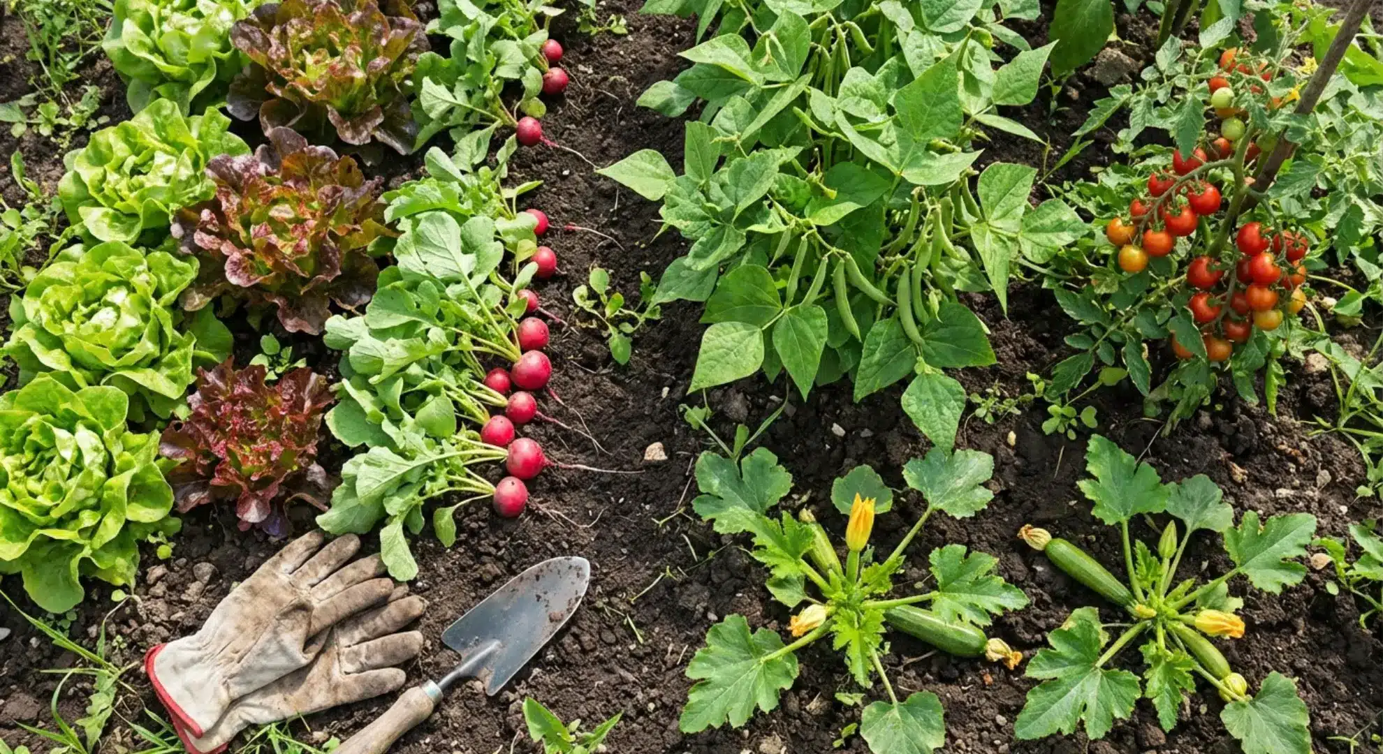 easiest vegetables to grow for beginners lettuce, radishes, beans, tomatoes, and zucchini in a home garden