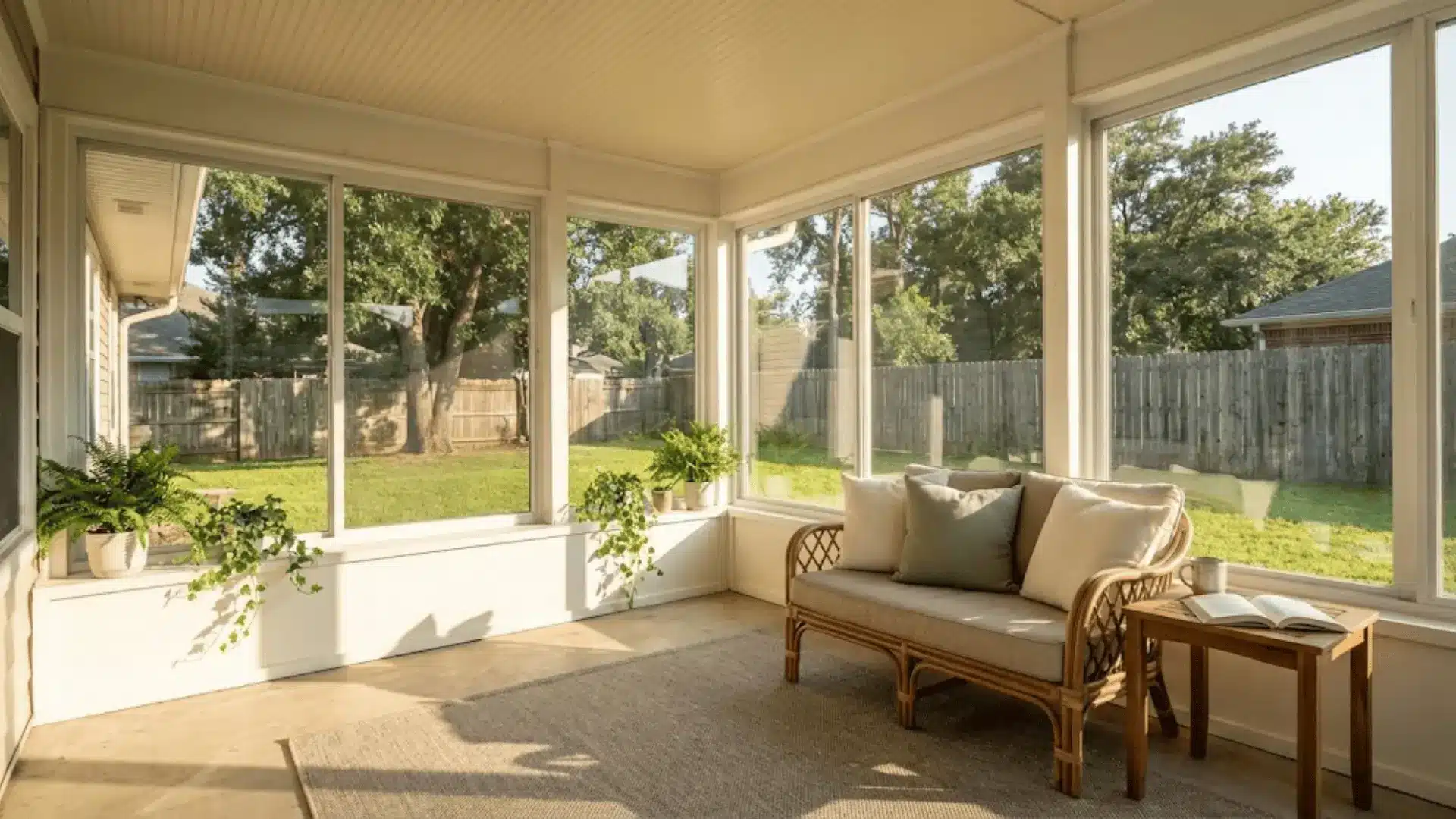 enclosed porch with glass panels, rattan seating, and a sunlit backyard view on a suburban home