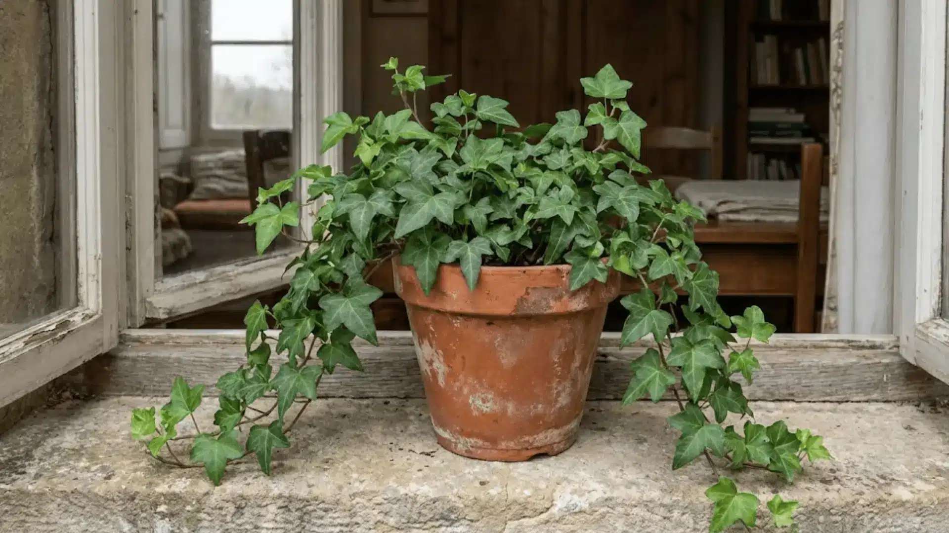 english ivy spilling over a rustic terracotta pot on a stone windowsill in natural daylight