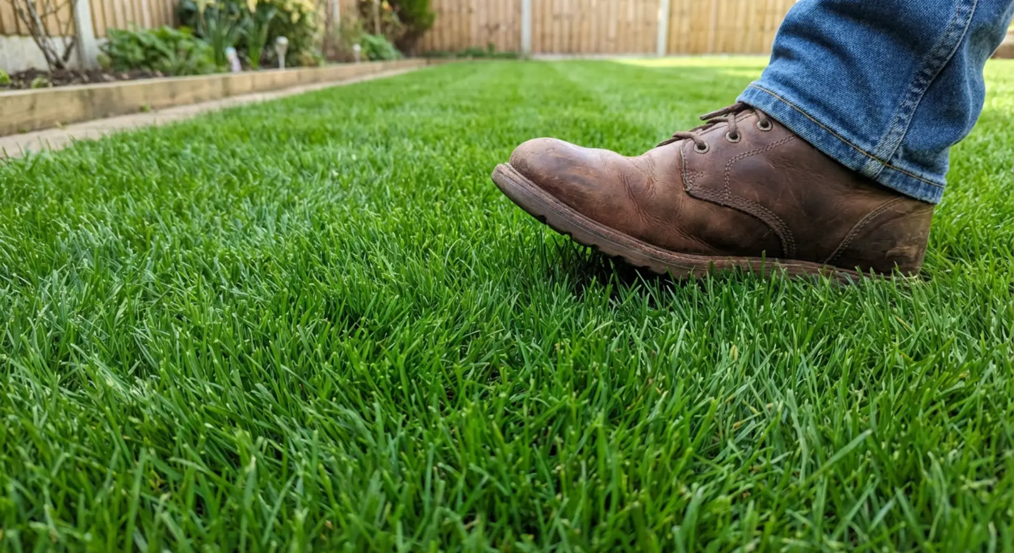established thick green grass lawn with foot stepping on healthy dense turf