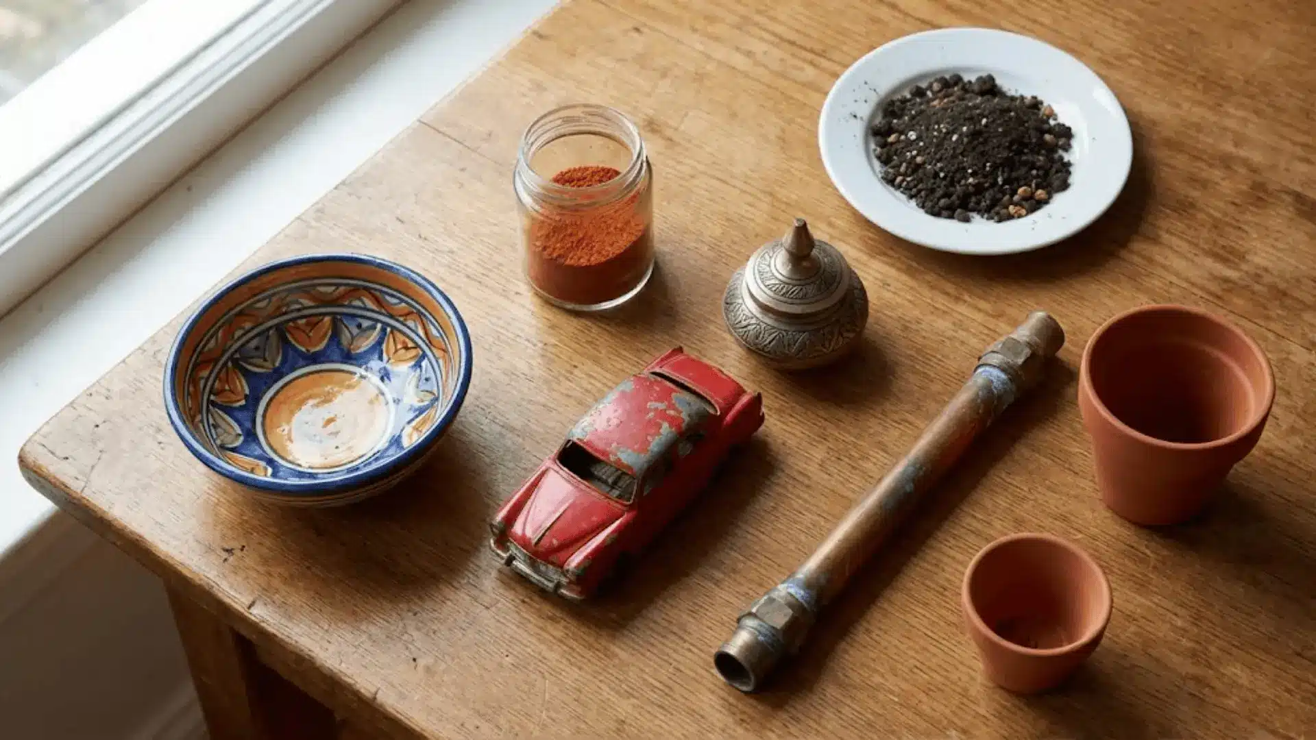 everyday household items including spices ceramic bowl toys and old plumbing pipe on wooden table
