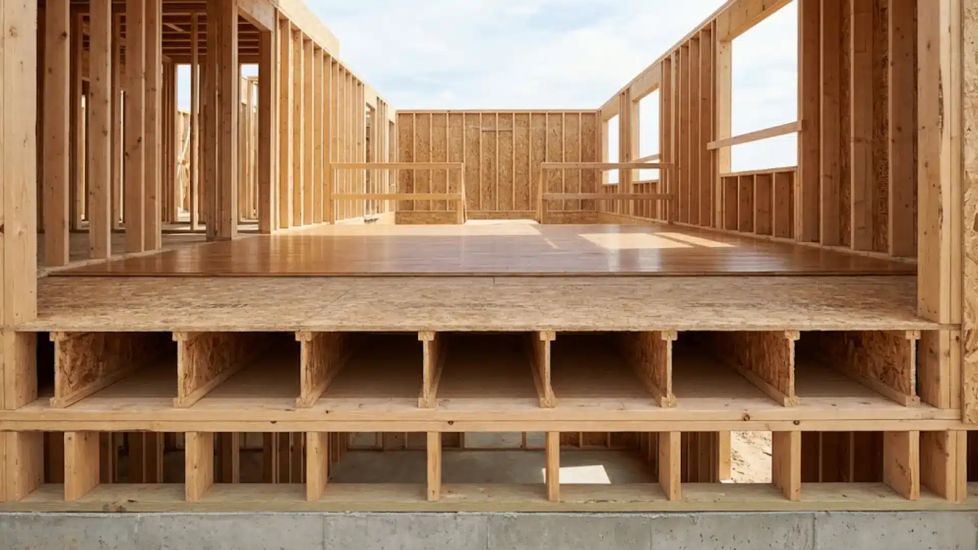 exposed residential floor structure showing joists subfloor and finished flooring layers between two stories