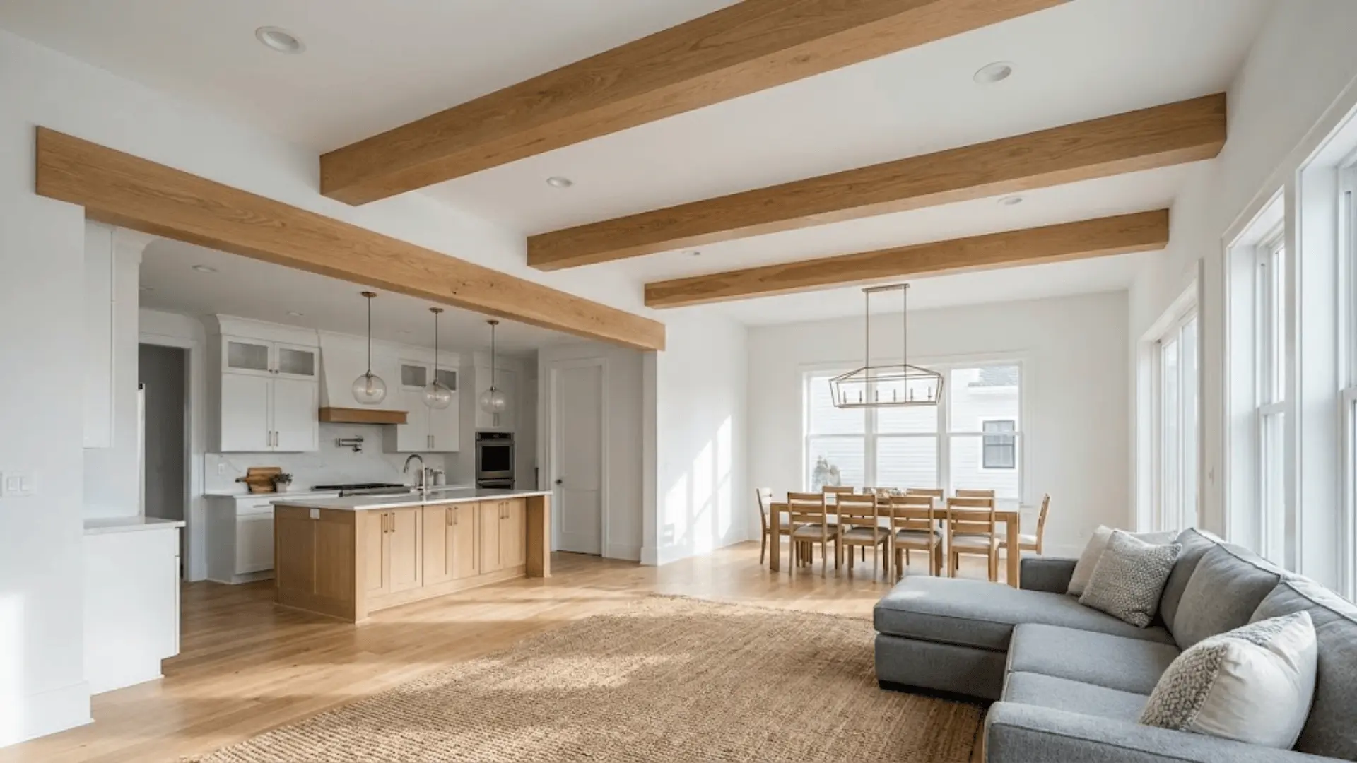 exposed wood ceiling beams defining zones in open floor plan