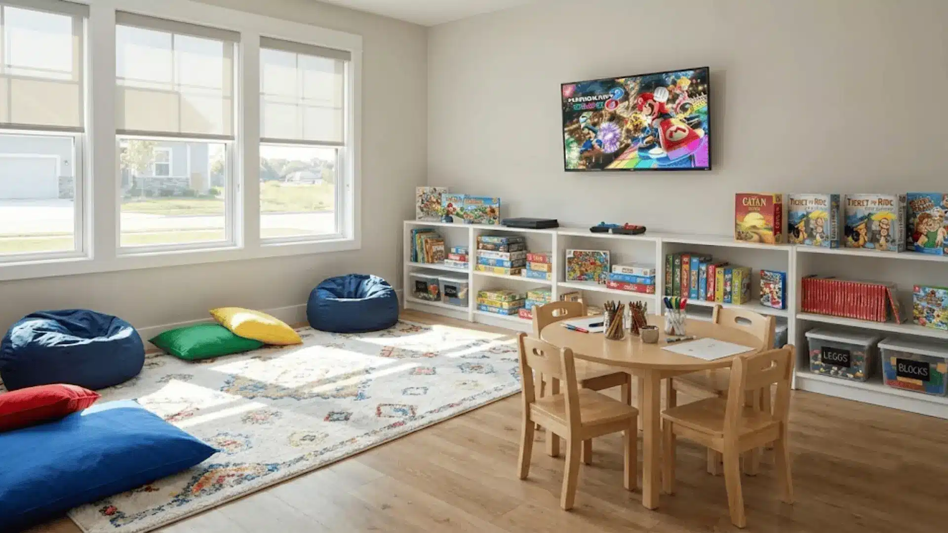 family-friendly game room with low shelving, colorful floor cushions, and craft table for all ages