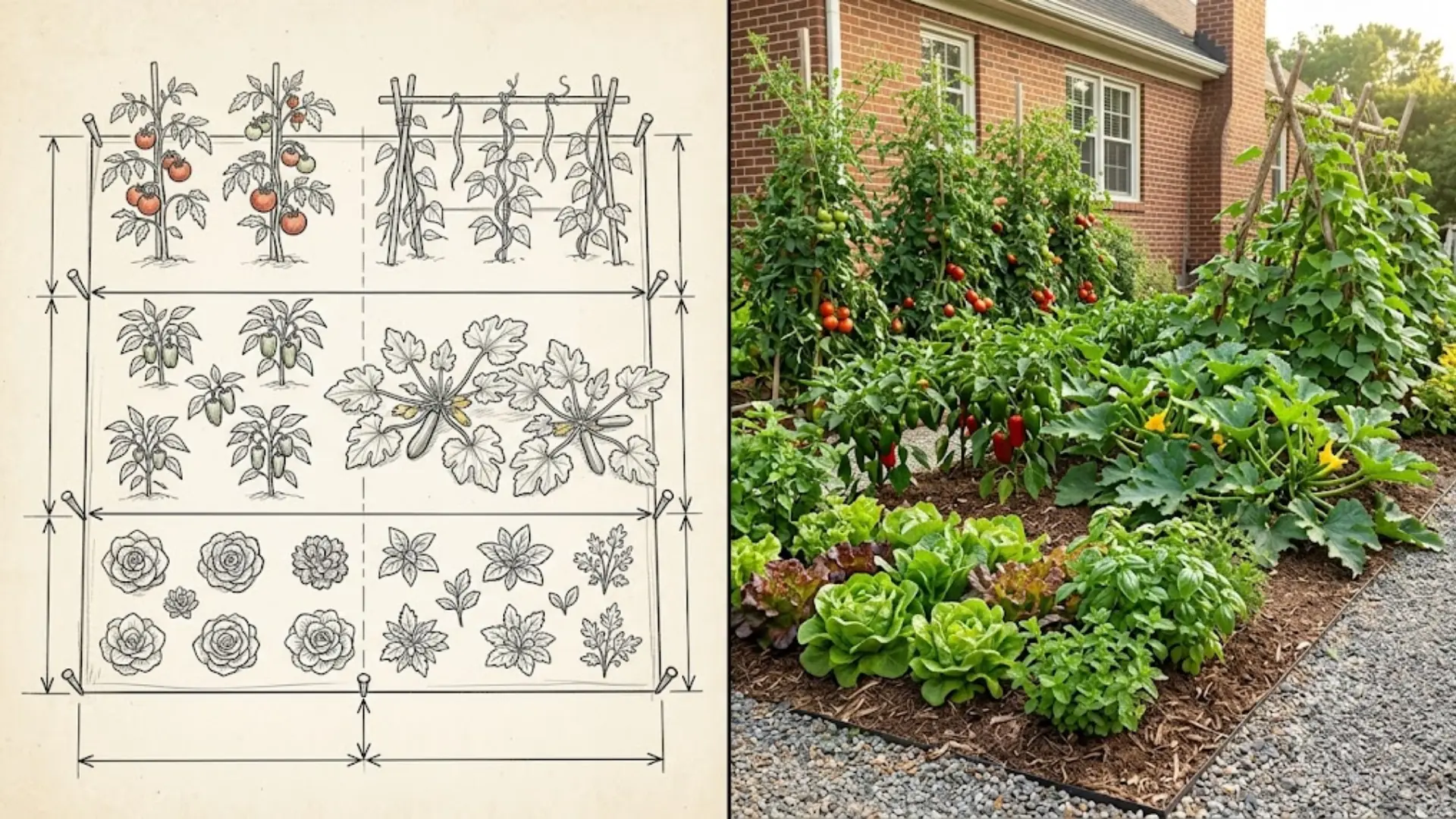 diagram and real photo of a kitchen garden arranged near a home path