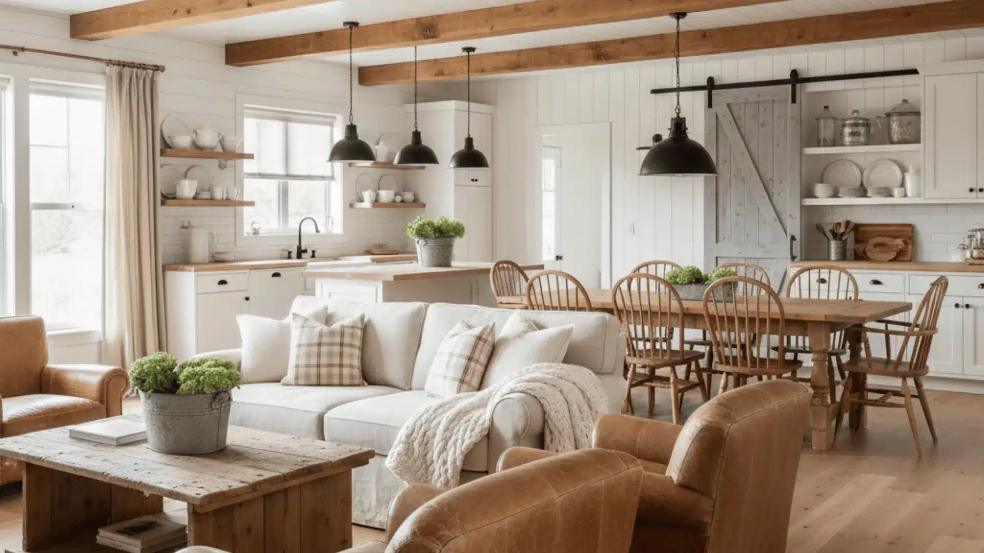 farmhouse-style open floor plan with exposed beams reclaimed wood and vintage details