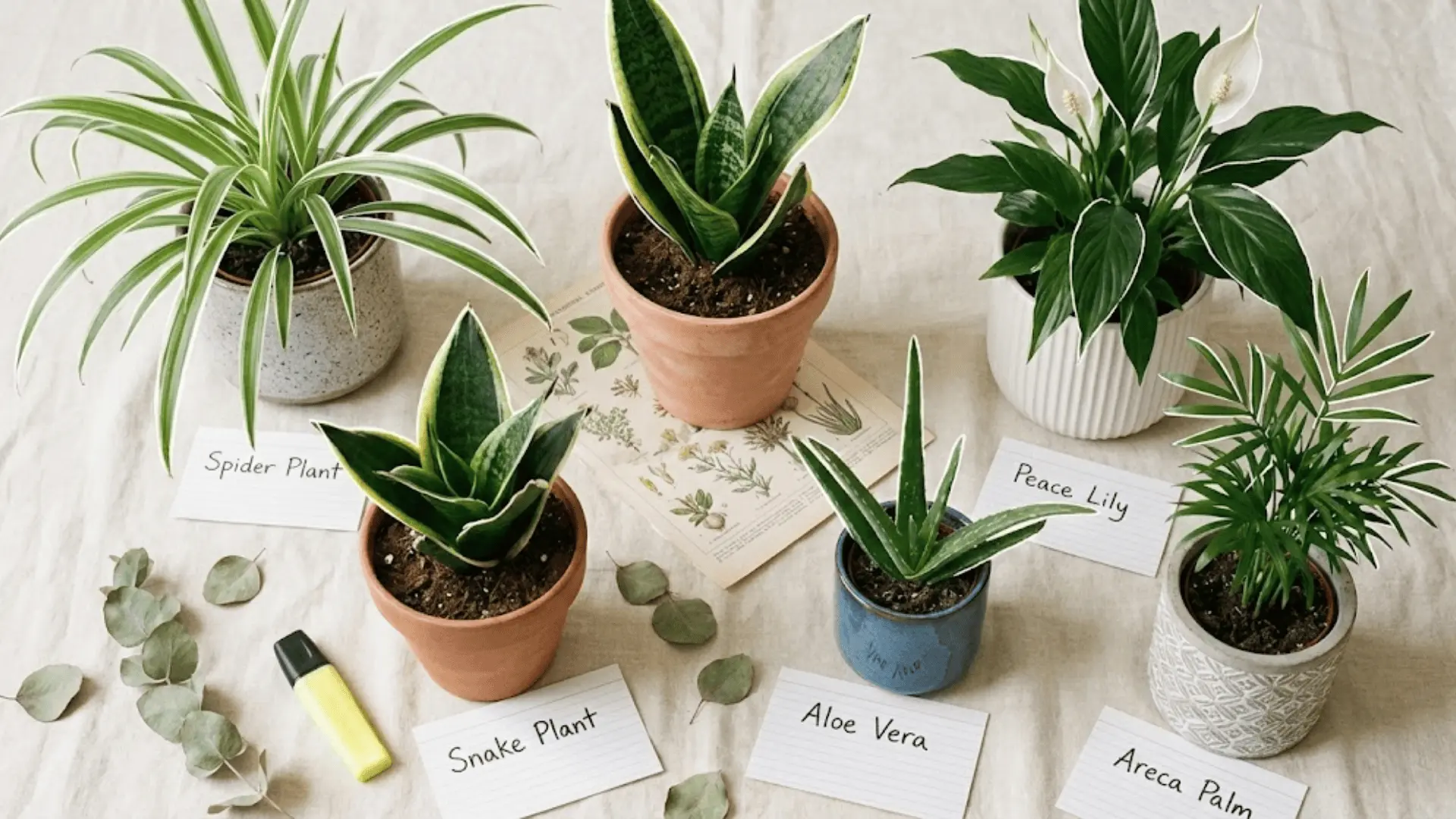 five nasa air purifying plants in mismatched pots on linen with white outlined leaves and handwritten labels