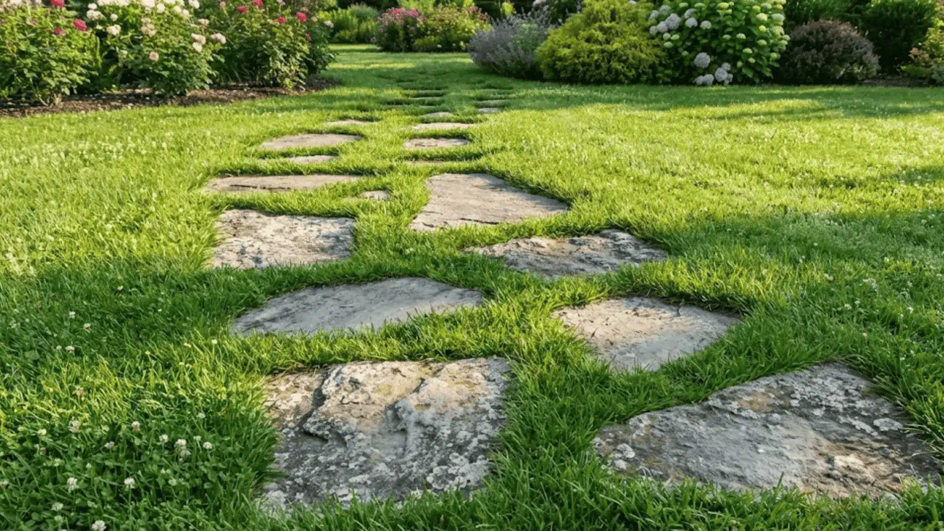 flagstone stepping stones curving through green lawn with natural spacing