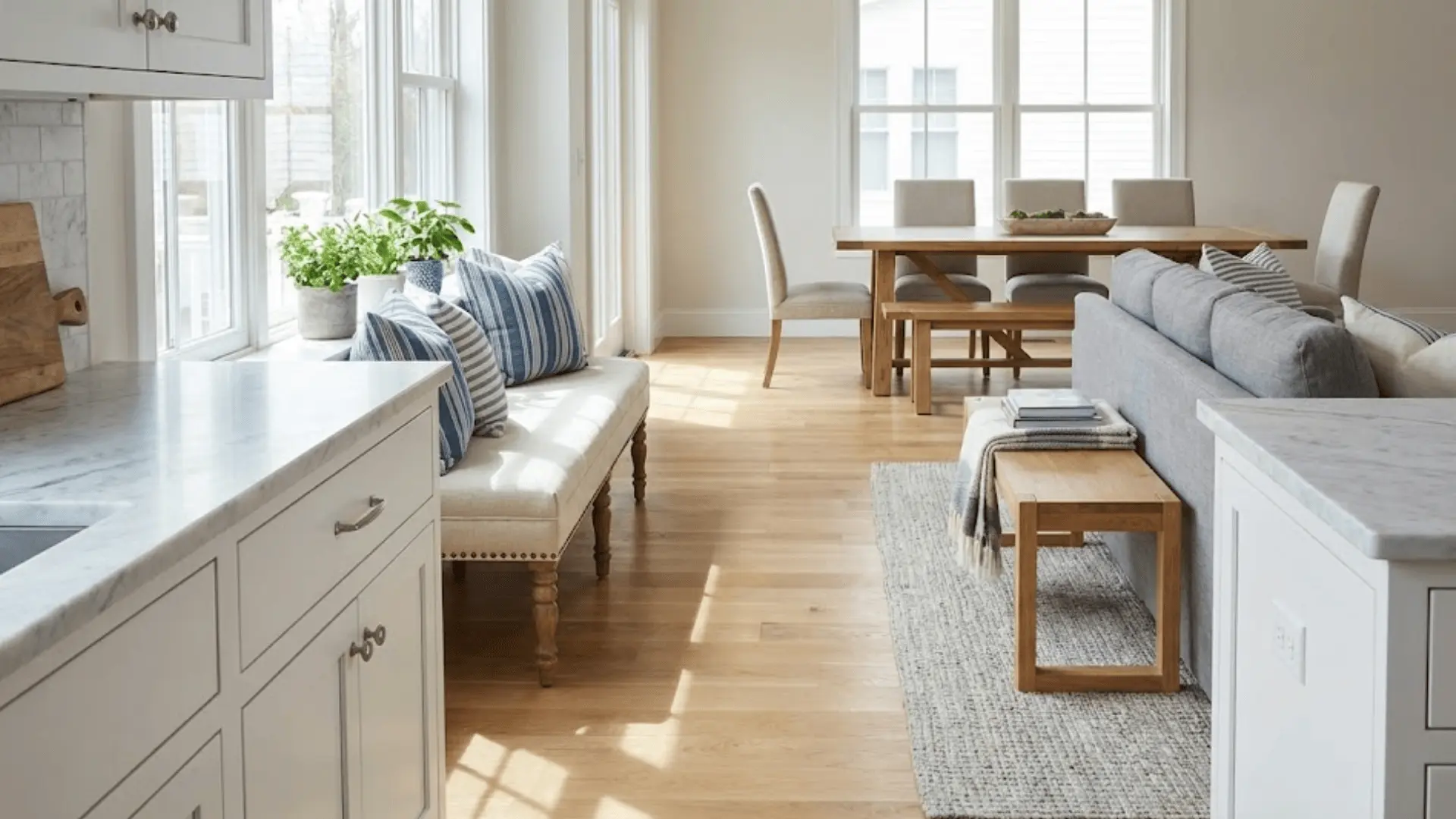 flexible benches providing seating in living and dining areas of open floor plan