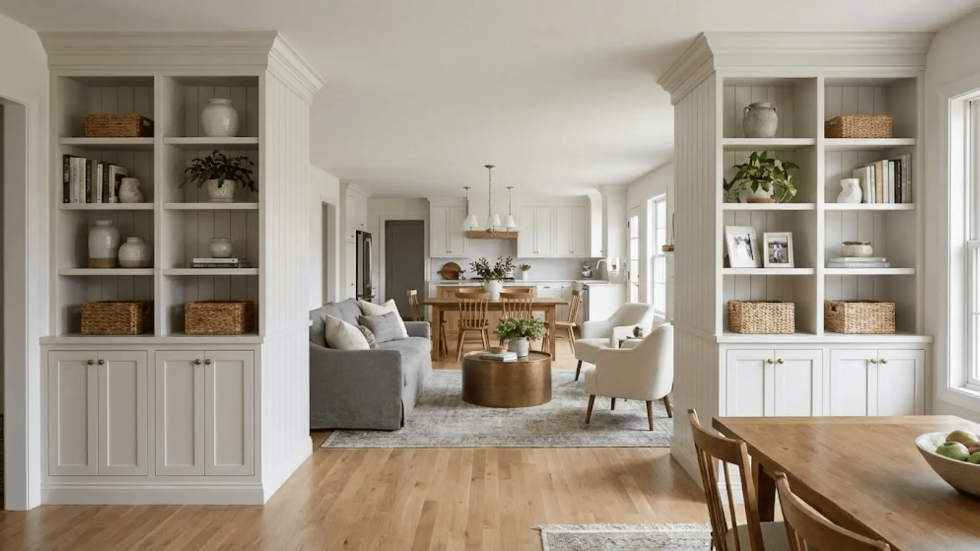 floor-to-ceiling built-in cabinets framing living room in open floor plan