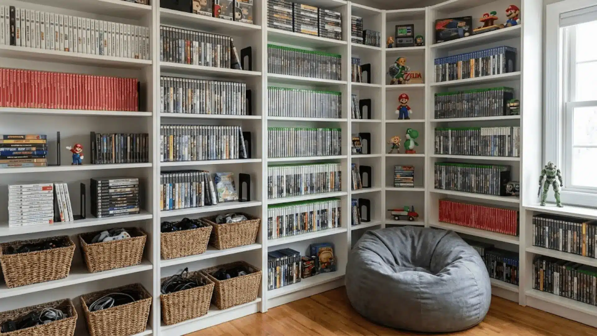 floor-to-ceiling shelving displaying organized video game collection with baskets and decorative gaming collectibles