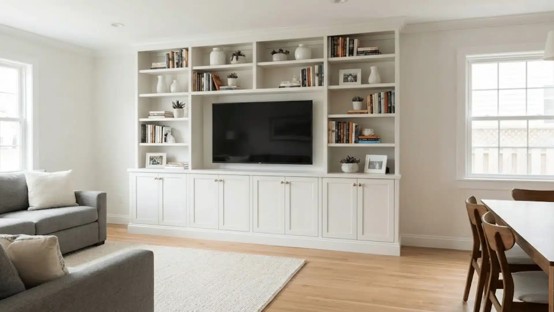 floor-to-ceiling white built-in storage wall in open floor plan