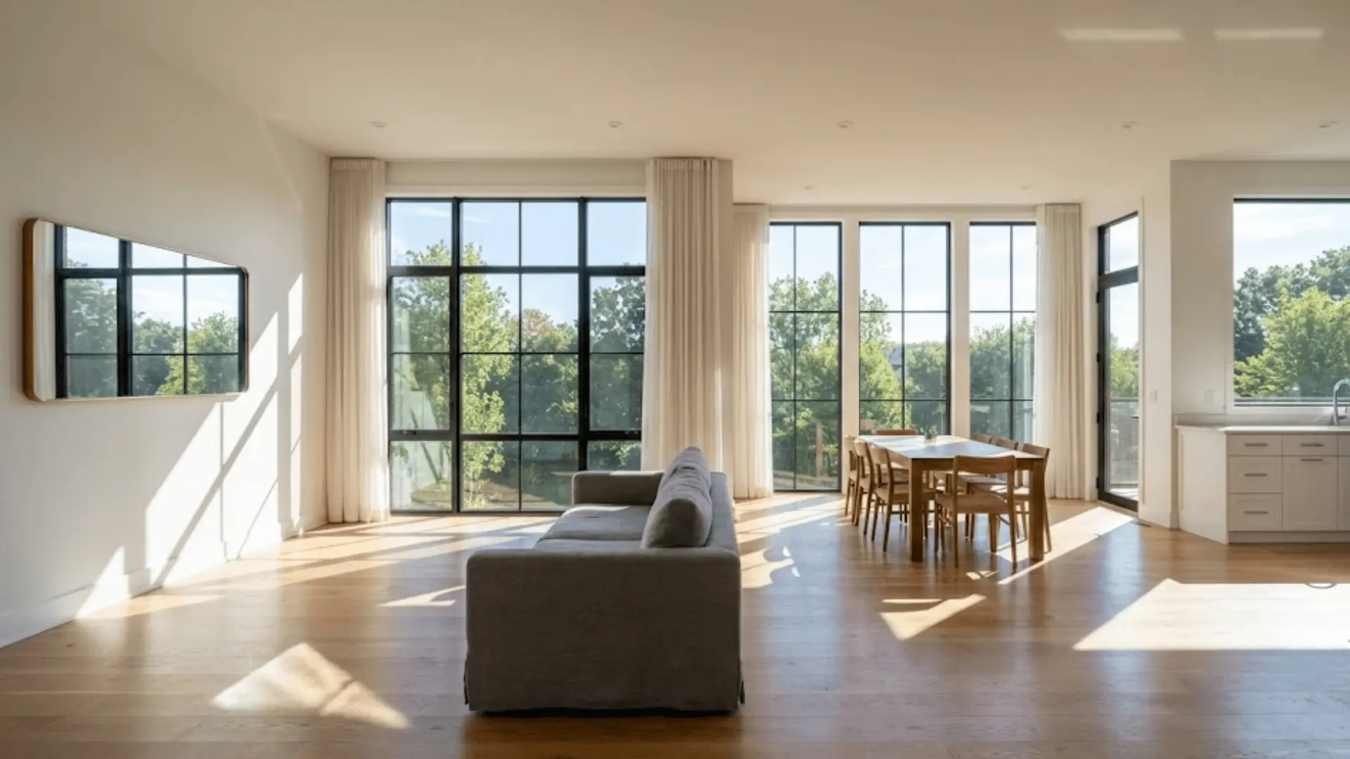 floor-to-ceiling windows flooding open floor plan with natural sunlight