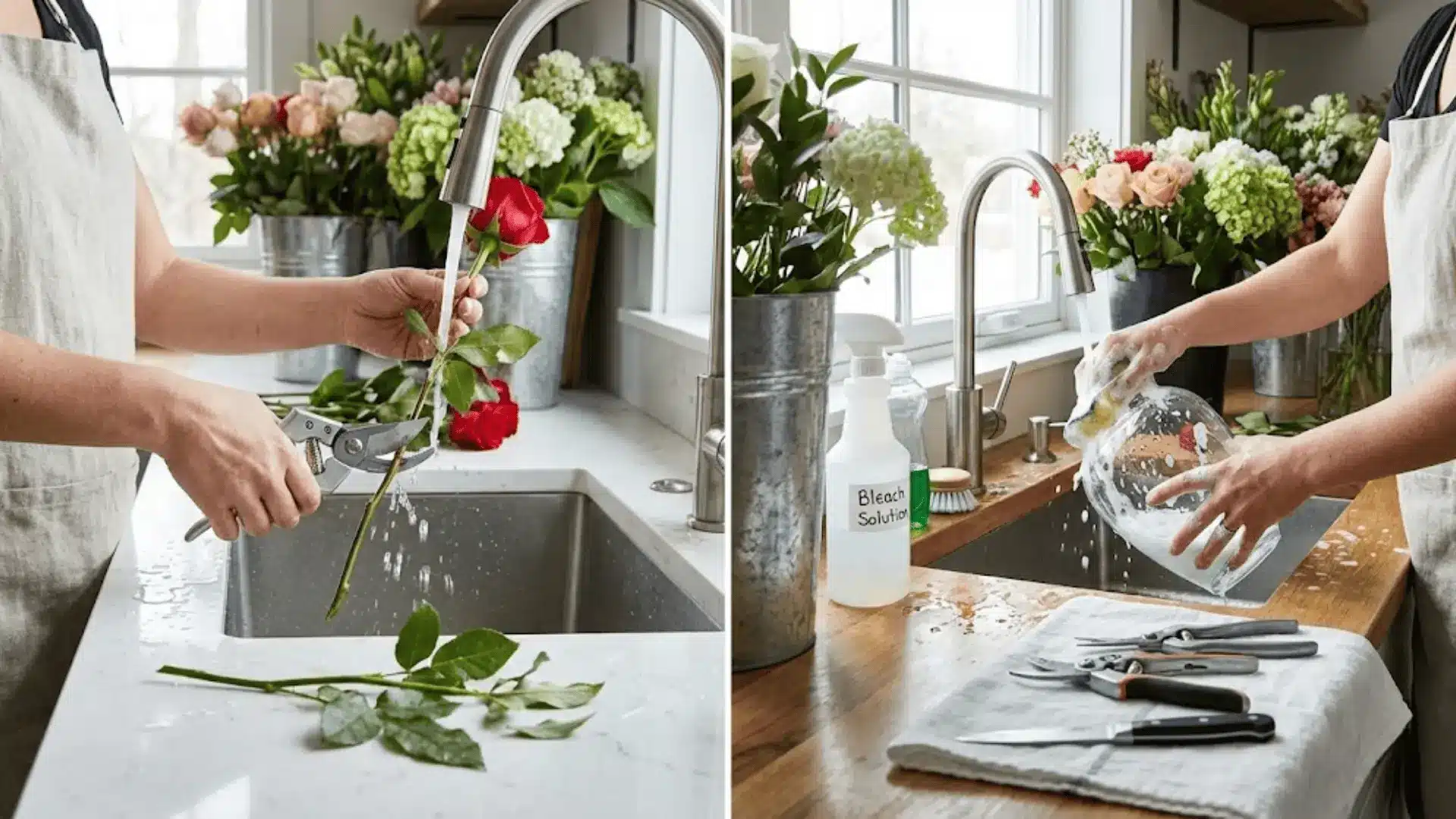 florist cutting stem under water and scrubbing glass vase with soap at sink in professional workspace