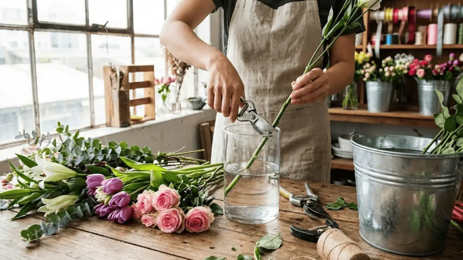 florist hands cutting fresh flower stems at angle in water on wooden workbench with professional tools