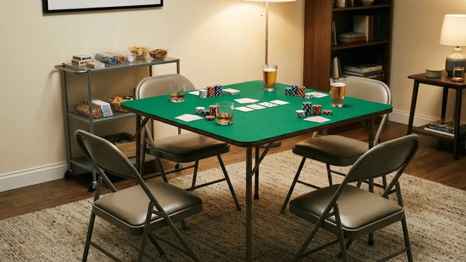 foldable card table set up for poker night with folding chairs and rolling storage cart