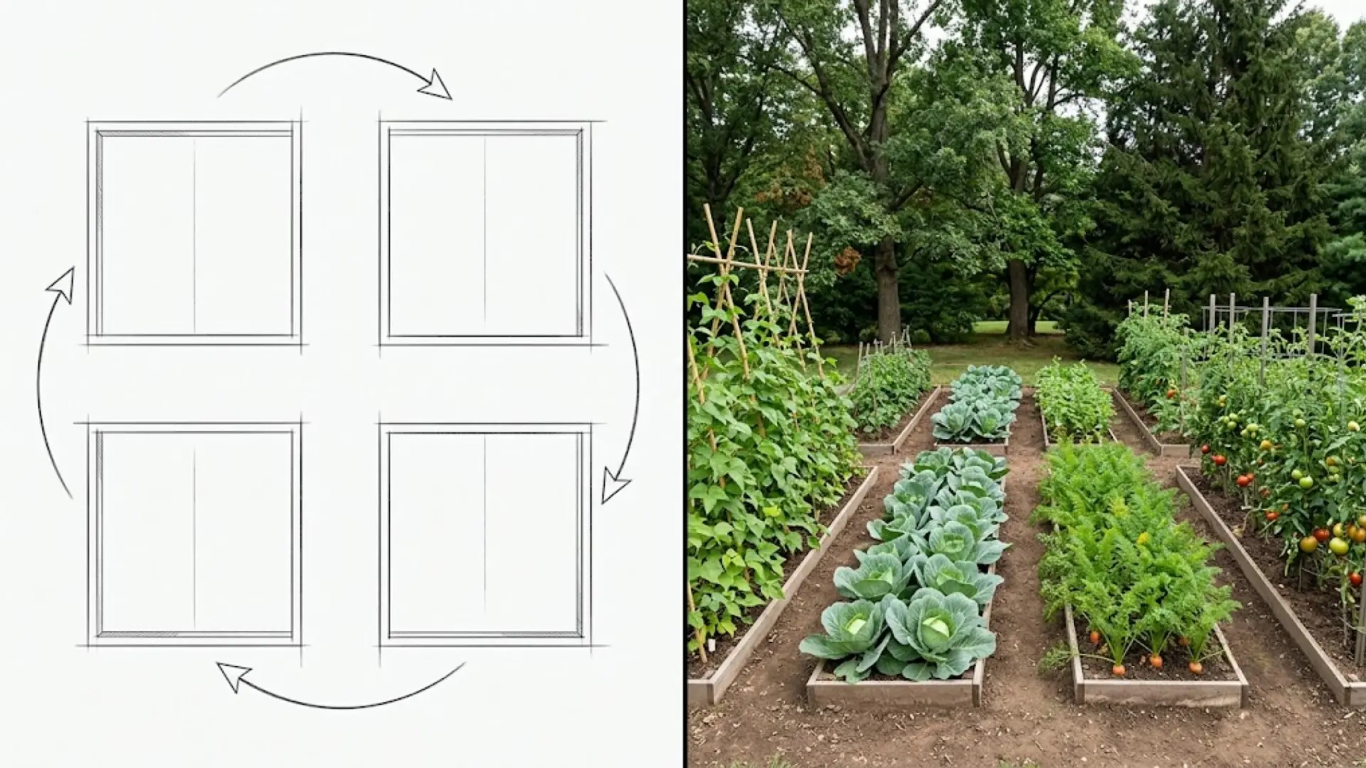 diagram and real photo of four garden beds used for crop rotation