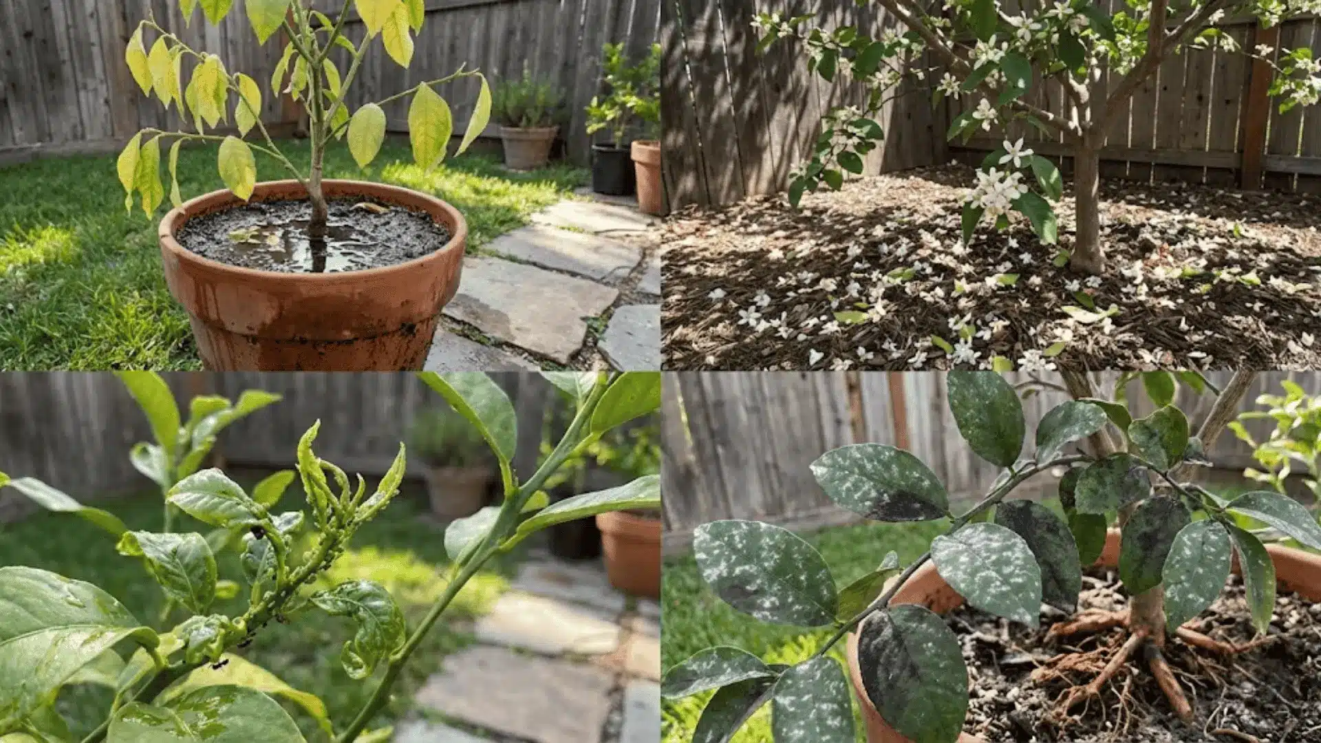 four common lemon tree problems showing overwatering, flower drop, pest infestation, and fungal disease