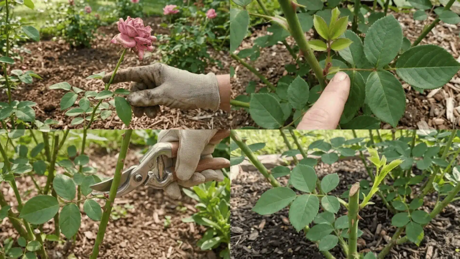 four-step photographic guide showing rose pruning process from identifying stem to monitoring new growth