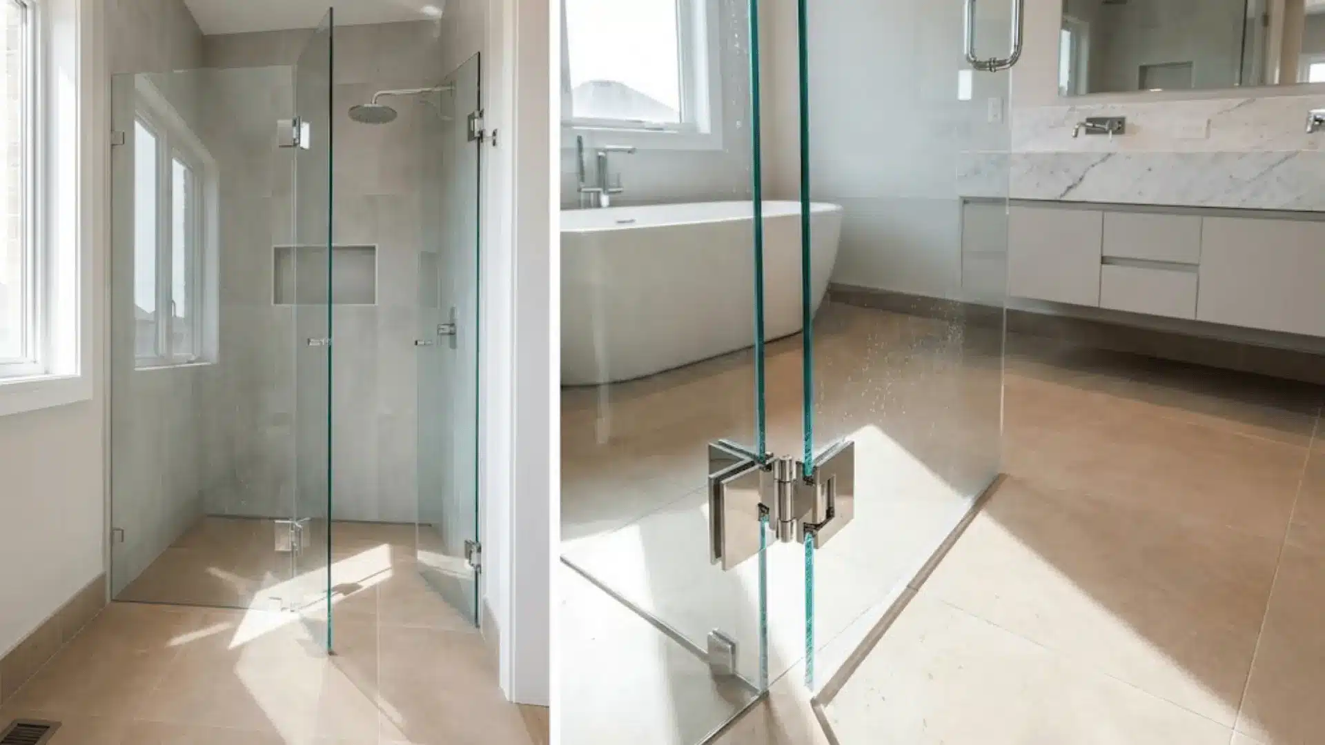 frameless hinged shower door open in spacious master bathroom with chrome hardware