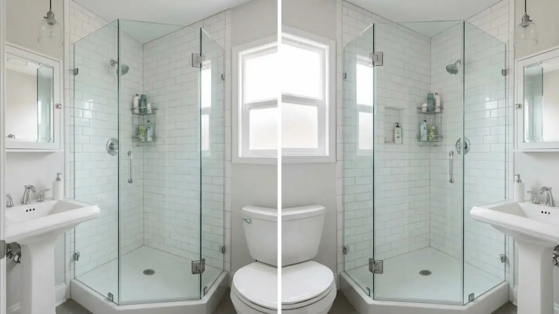 frameless neo-angle shower door in corner of small bathroom maximizing space