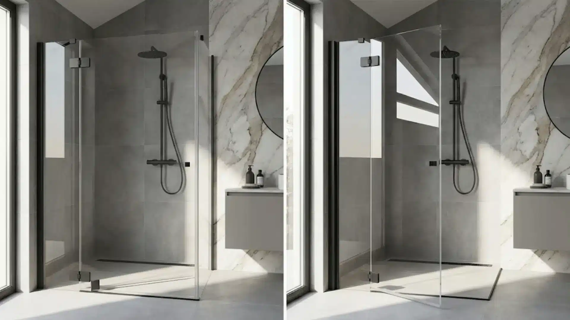 frameless pivot shower door with visible hinge mechanism in modern bathroom