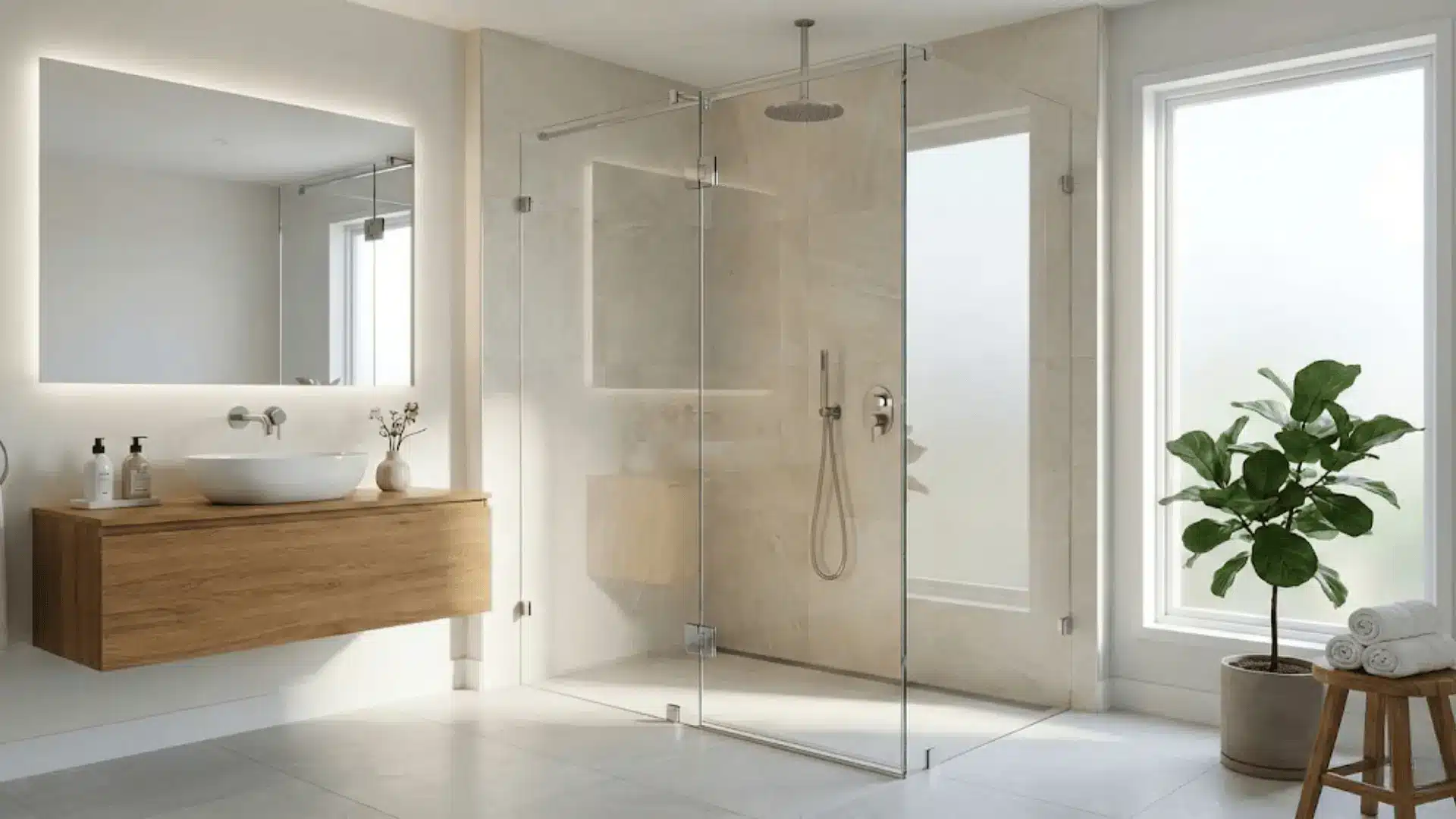 frameless shower door in modern bathroom with clear glass panels and minimal hardware