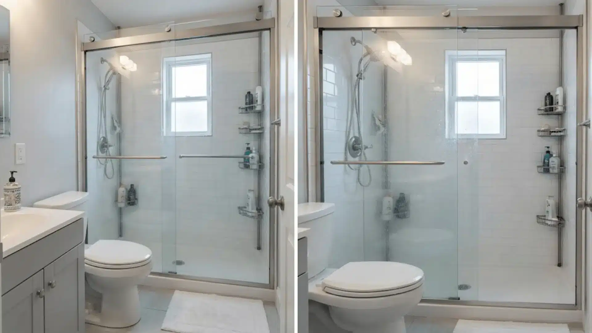frameless sliding shower doors in compact bathroom with minimal track system