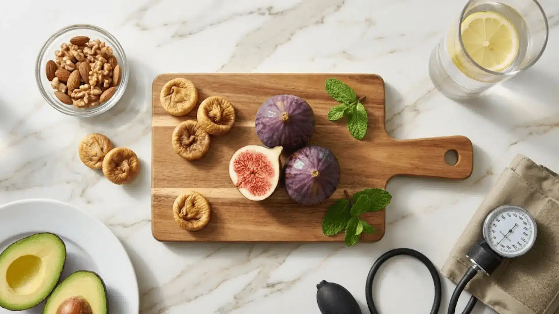 fresh and dried figs on marble countertop with healthy foods and blood pressure monitor showing heart health