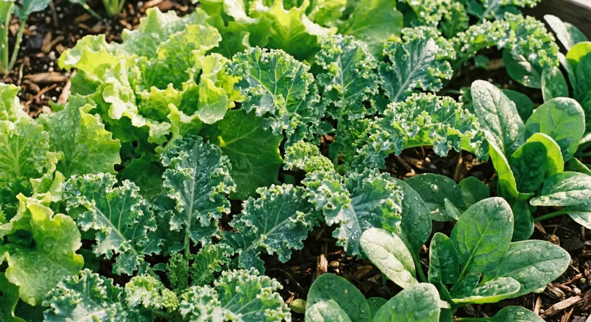 fresh lettuce, kale, and spinach growing in garden bed showing healthy green leaves