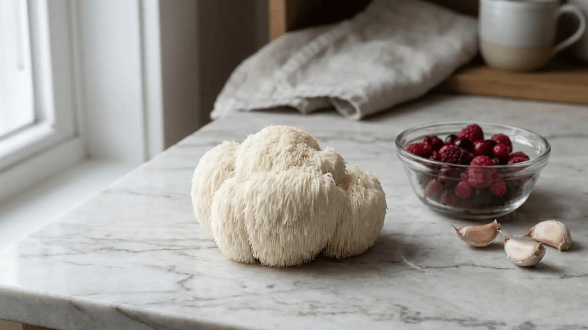fresh lion's mane mushroom with berries and garlic on marble surface in soft natural daylight