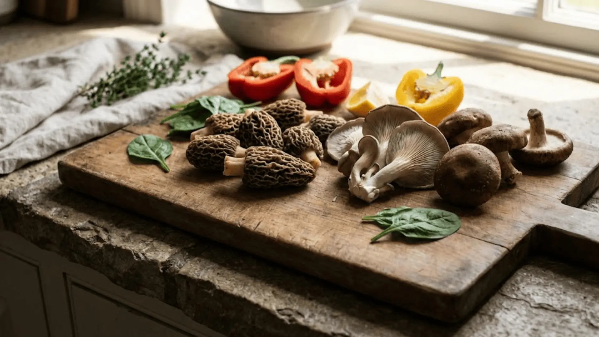 fresh morel, oyster, and shiitake mushrooms on a rustic wooden board with spinach and bell pepper