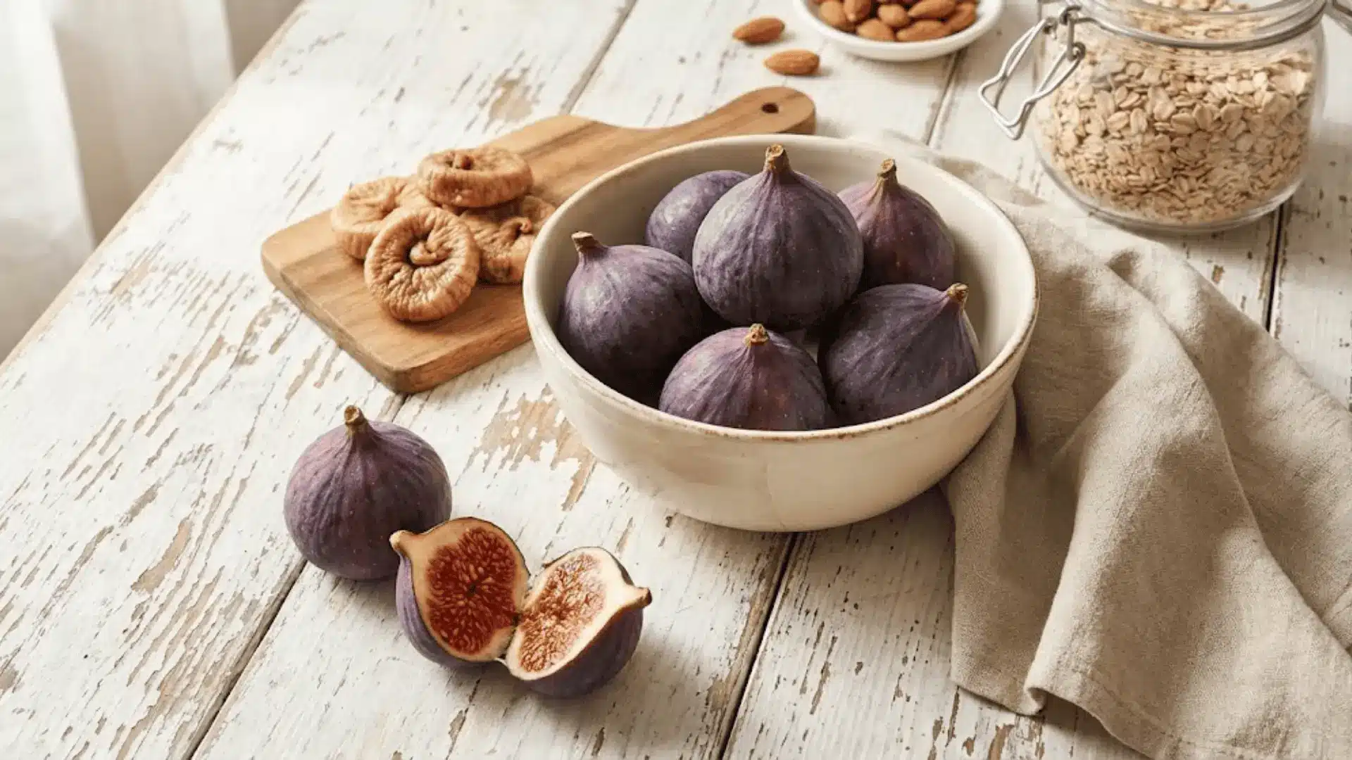 fresh purple figs in ceramic bowl with dried figs on white wooden table healthy eating concept