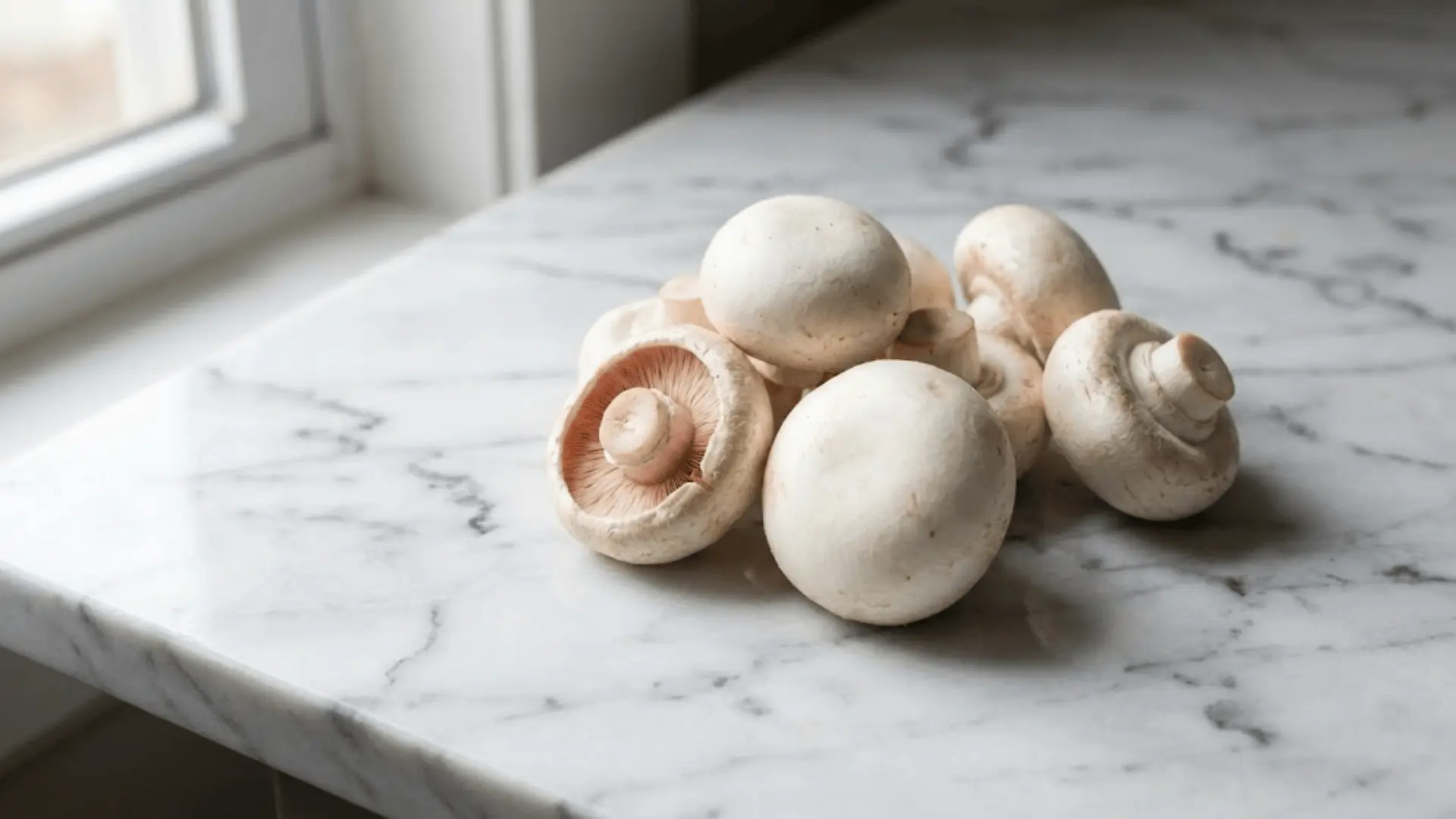 fresh white button mushrooms on a marble counter with soft diffused natural daylight