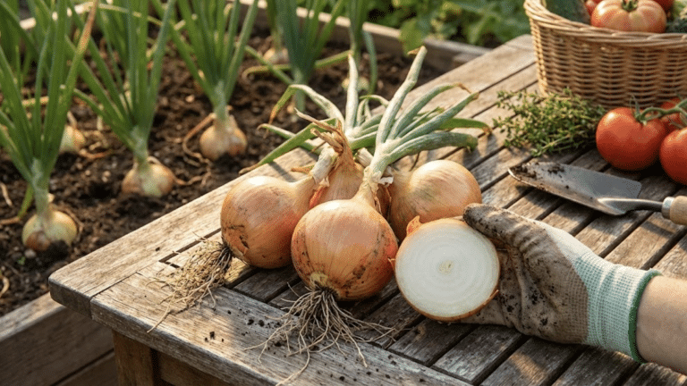 freshly harvested onions with papery skins on wooden surface with garden bed in background