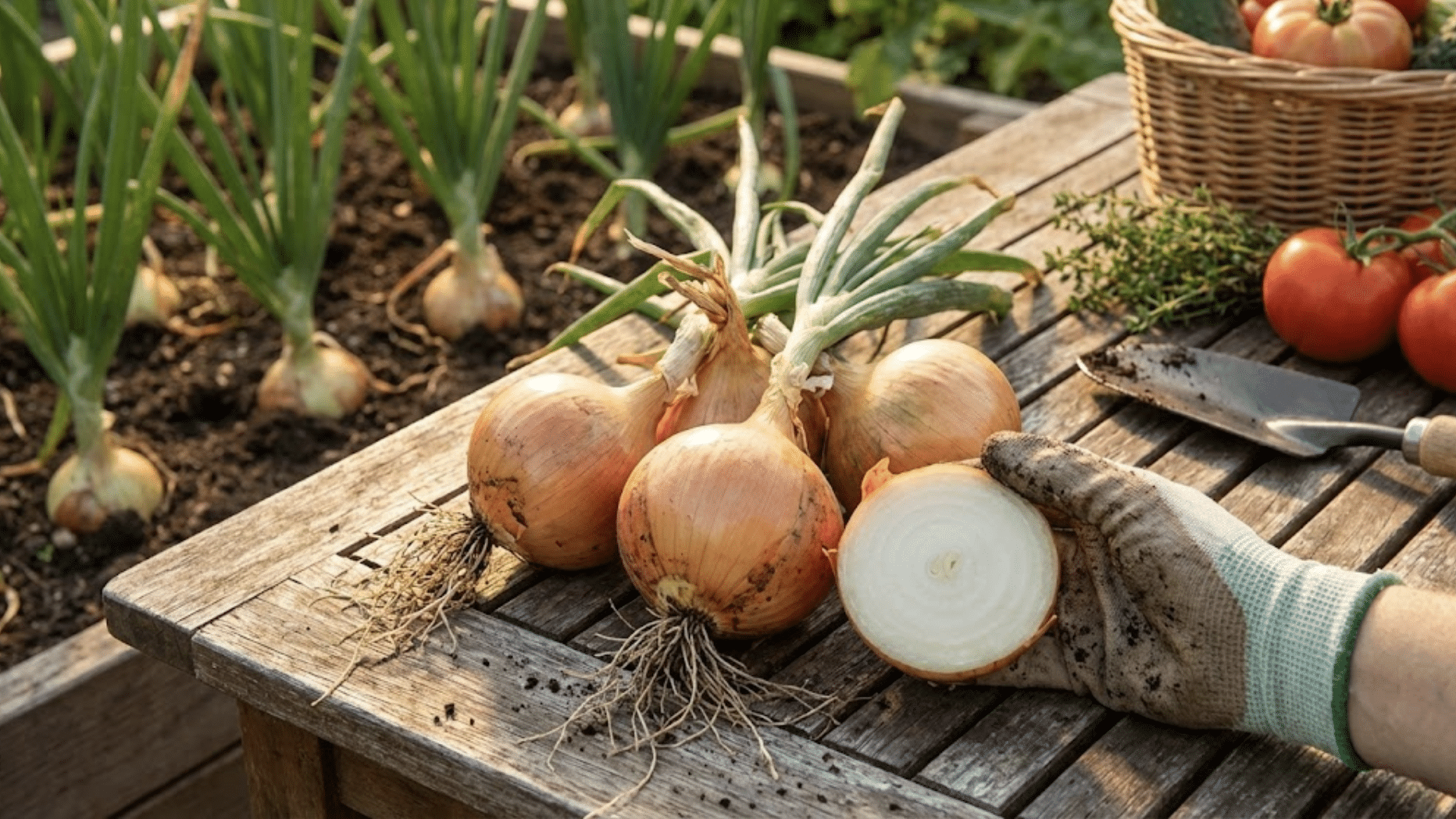 freshly harvested onions with papery skins on wooden surface with garden bed in background