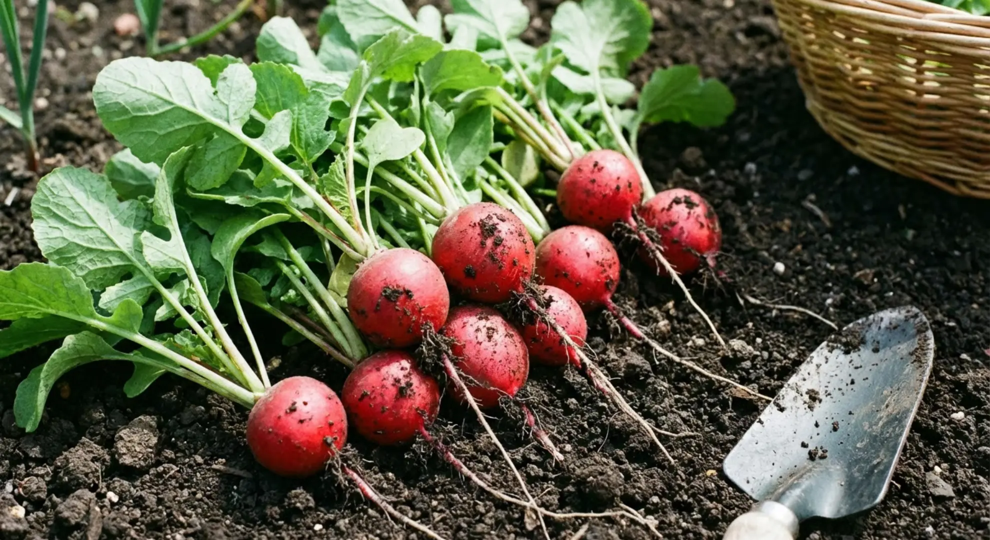 freshly harvested red radishes with greens attached on garden soil showing quick growth