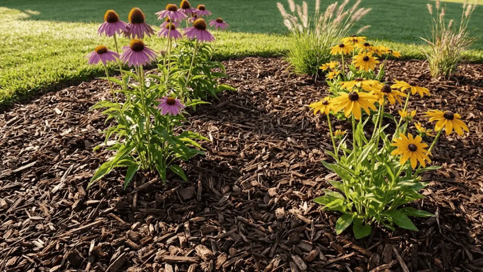 freshly mulched garden bed with colorful perennials and clean edges in natural sunlight