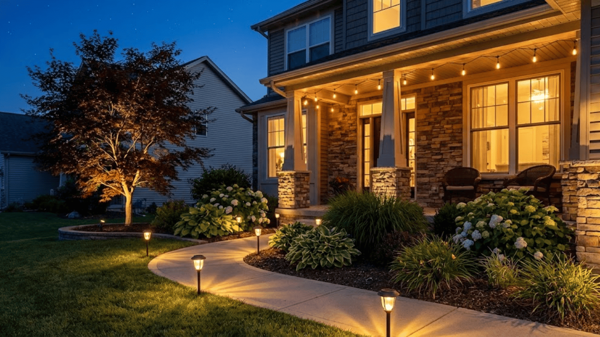 front yard at twilight with solar path lights, spotlights, and string lights