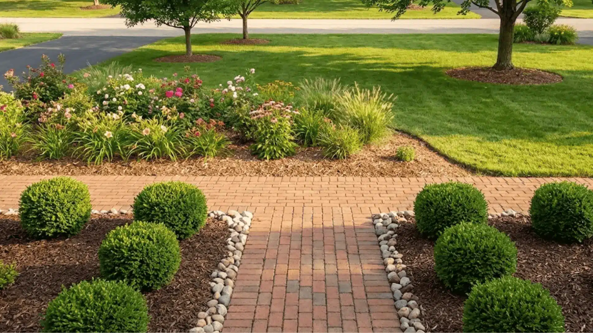 front yard with three garden zones showing formal entry, cottage garden, and lawn