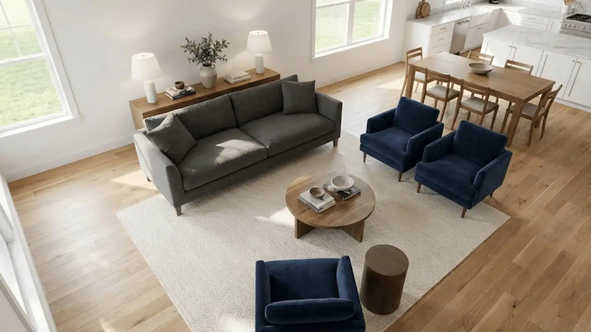 furniture floating away from walls creating pathways in open floor plan