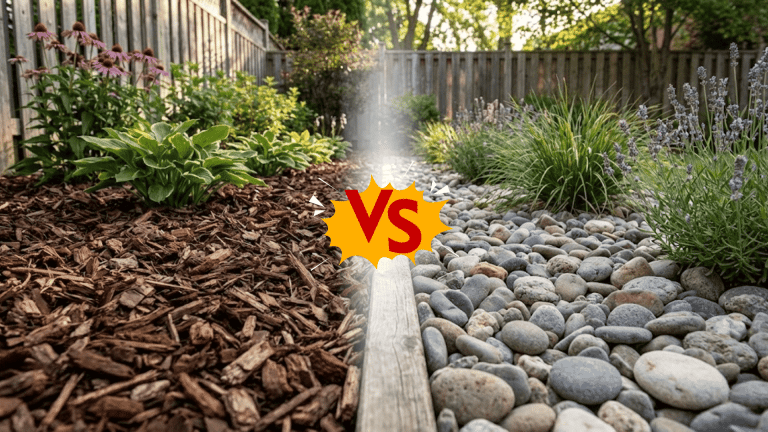 garden bed split showing wood chip mulch on left side and river rocks on right with flowering plants